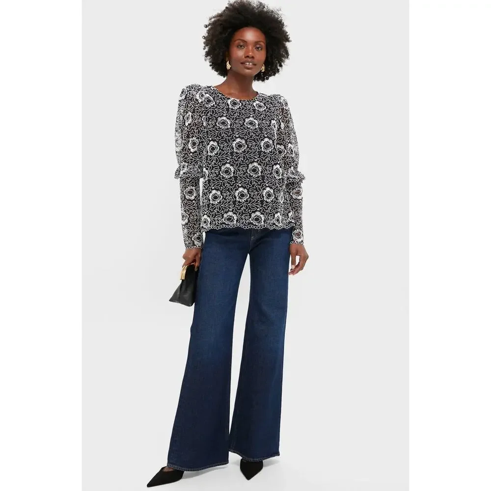Tuckernuck Black Lace Floral Long-Sleeve Blouse with White Embroidery